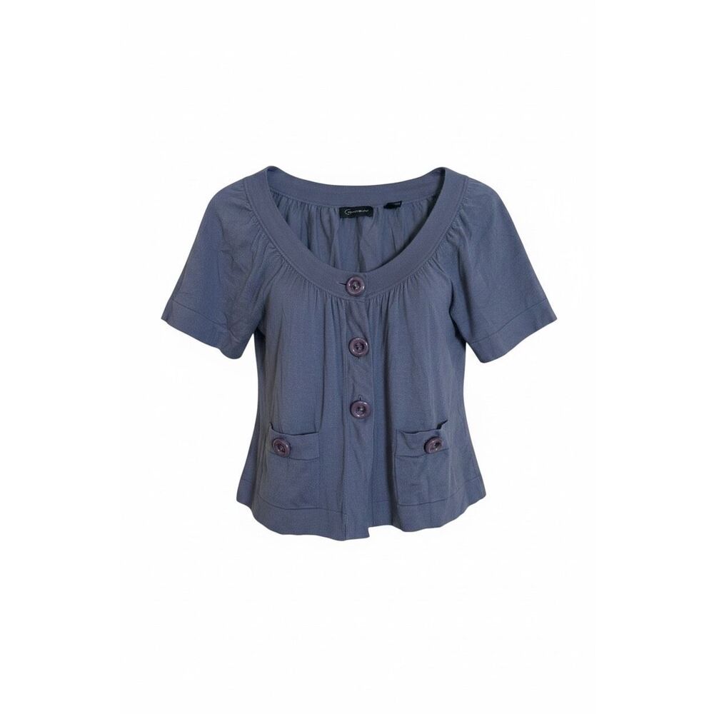 Context NWOT Button Front Scoop Neck Short Sleeve Knit Top Blue‎ Gray Small